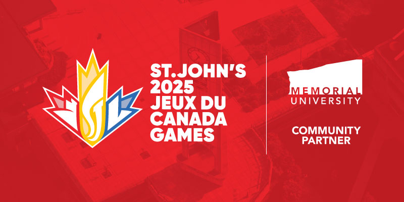 Red background with 2025 Canada Games logo on left and Memorial logo on right with 'community partner' underneath.