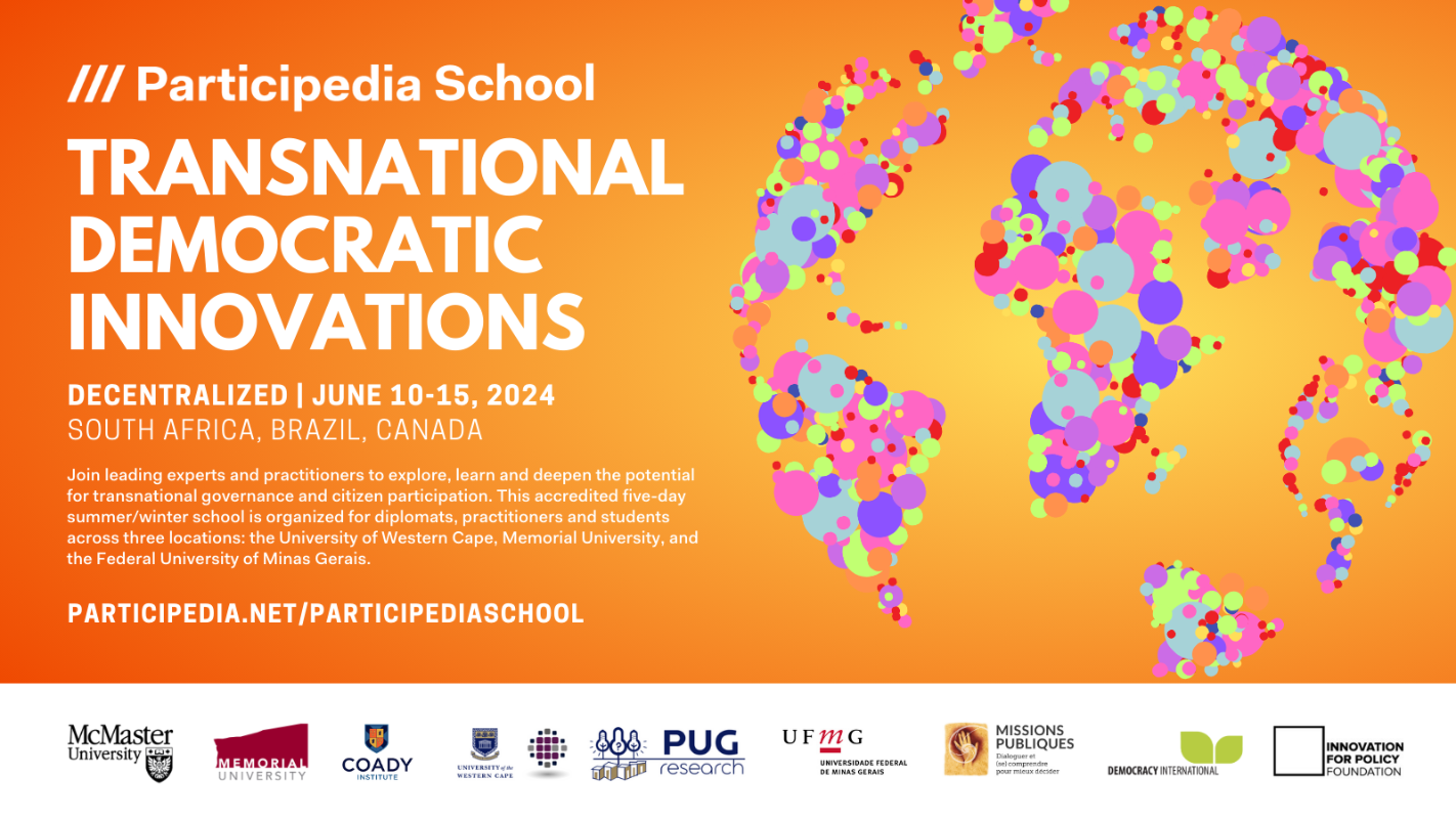 A banner advertising the Participedia School on Transnational Democratic Innovations