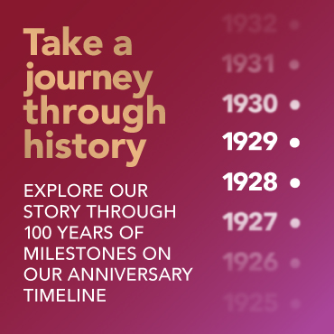 Claret background with gold and white text saying take a journey through history. Explore our story through 100 years of milestones on our anniversary timeline.