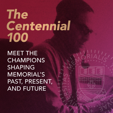 Claret background with gold and white text saying The Centennial 100 Meet the champions sharing Memorial's past, present and future.