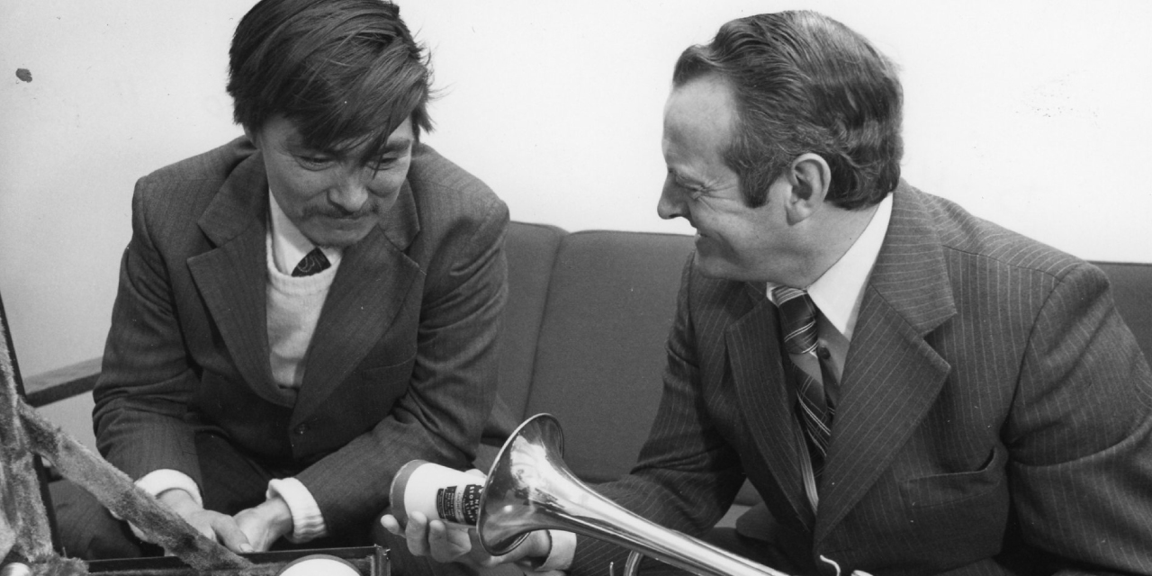 Inuk musician John Anderson and Professor Donald Cook admire a trumpet at Memorial University’s School of Music