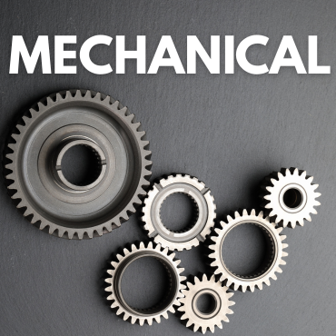 some metal gears on a grey background with the word mechanical above in white