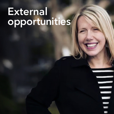 Image of a smiling female employee and the words external opportunities are displayed on the top left side.