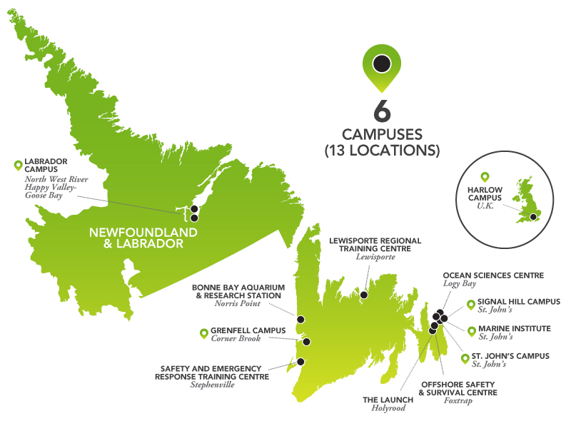 Map showing Memorials 13 locations, including its six campuses and various centres
