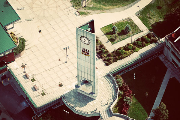 an aerial photo for the Memorial Tower located on the St. John's campus