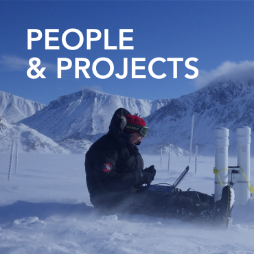 A picture of Dr. Trevor Bell of Smart ICE sitting on the snow with test equipment with the words People and Projects written on top