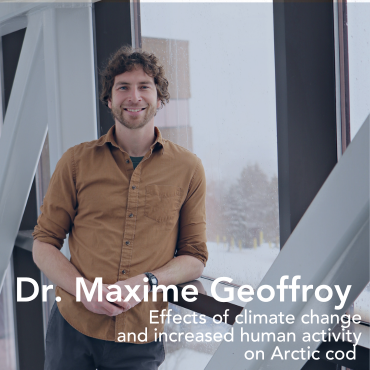 A tall blonde man in a brown shirt leans against a window, with the words Dr. Maxime Geoffroy written on top