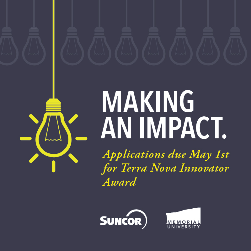 Design featuring a grey background, with several light bulbs, a yellow light bulb, the text Making an Impact in white colour; the text Applications due May 1st for Terra Nova Innovator Award in yellow, along with the Memorial and Suncor logos