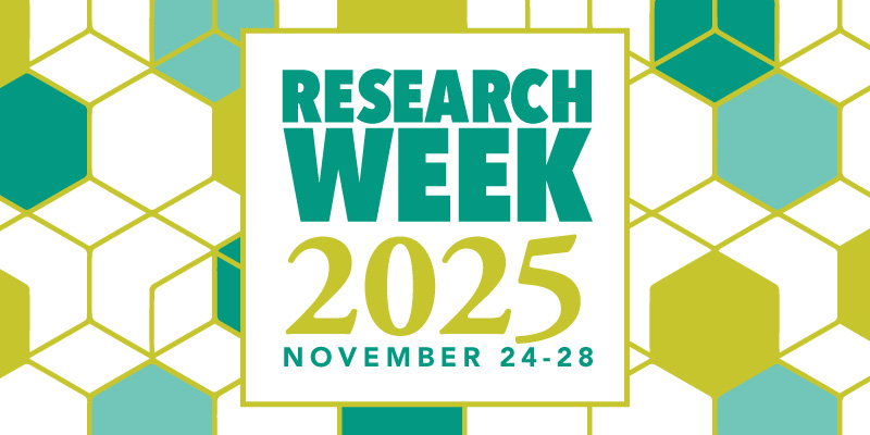 Graphic featuring a honeycomb design with the text Research Week 2025 in green colour font, 2025 in yellow colour font and November 24-28 in green colour font